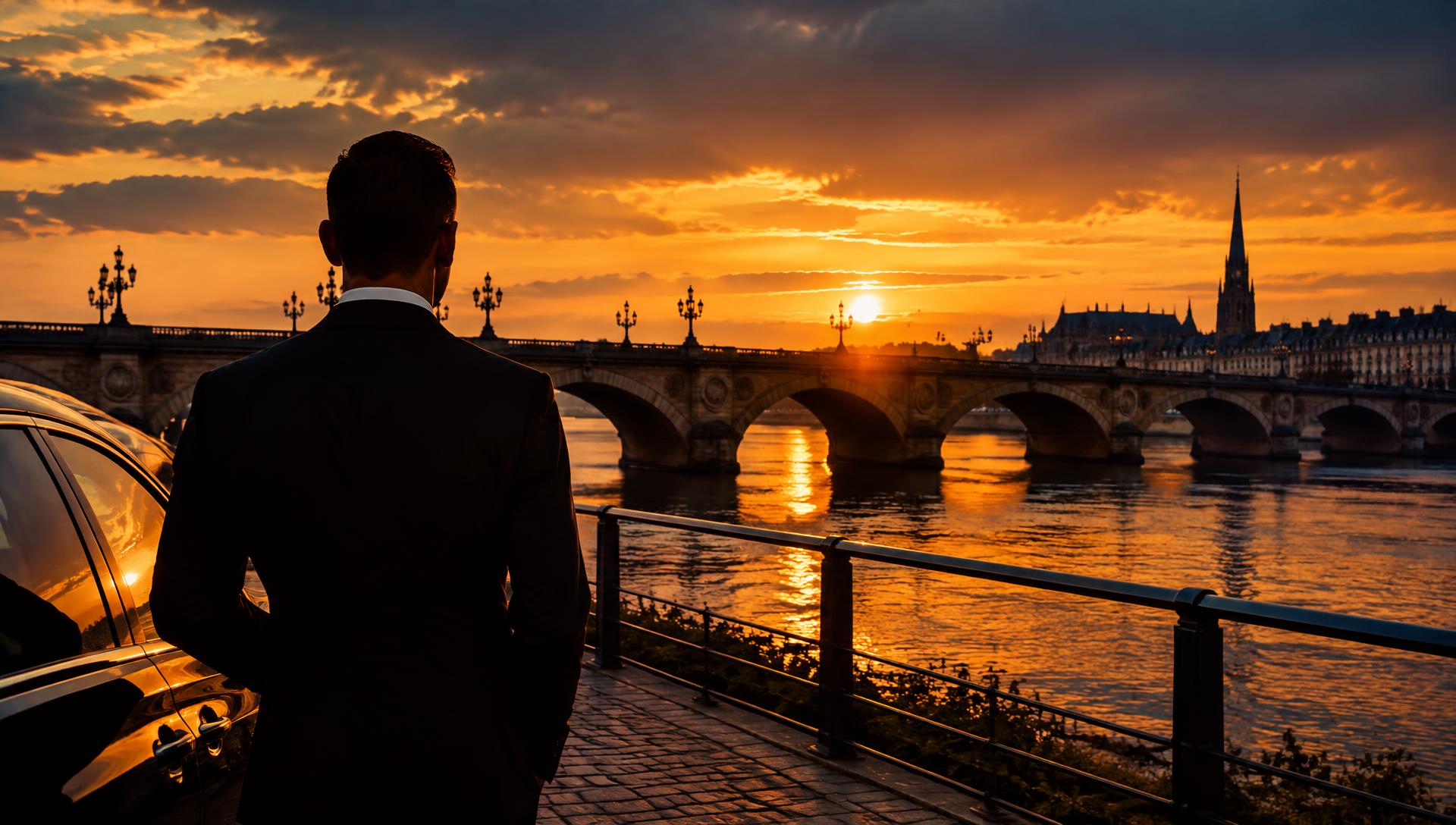 Chauffeur MOA face à Bordeaux au coucher du soleil